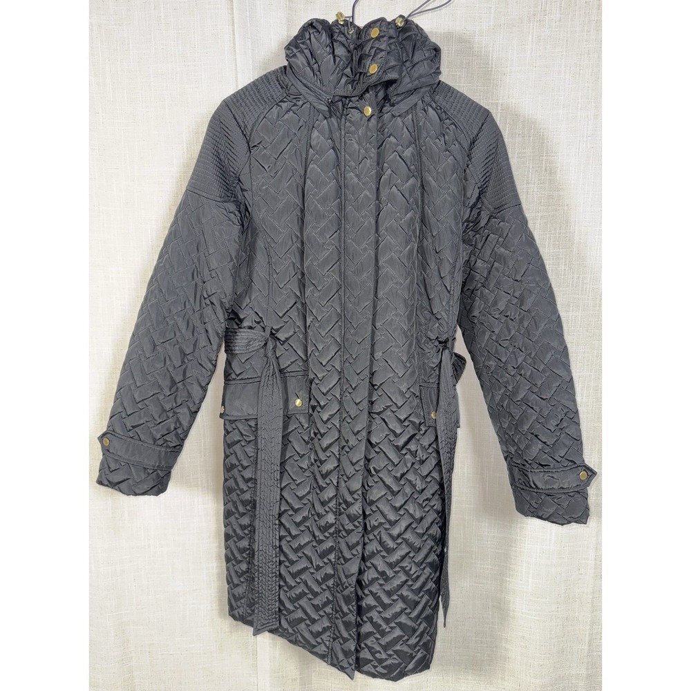 Cole‎ Haan Signature Women's XL Quilted Jacket Coat Black Belted Belt Long Hood